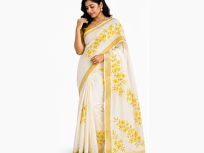 Hand Painted Yellow Floral Kerala Saree