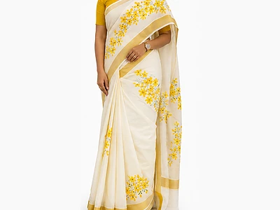 Image of Hand Painted Yellow Floral Kerala Saree - 2