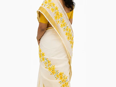 Image of Hand Painted Yellow Floral Kerala Saree - 3