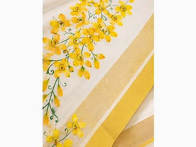 Image of Hand Painted Yellow Floral Kerala Saree - 4